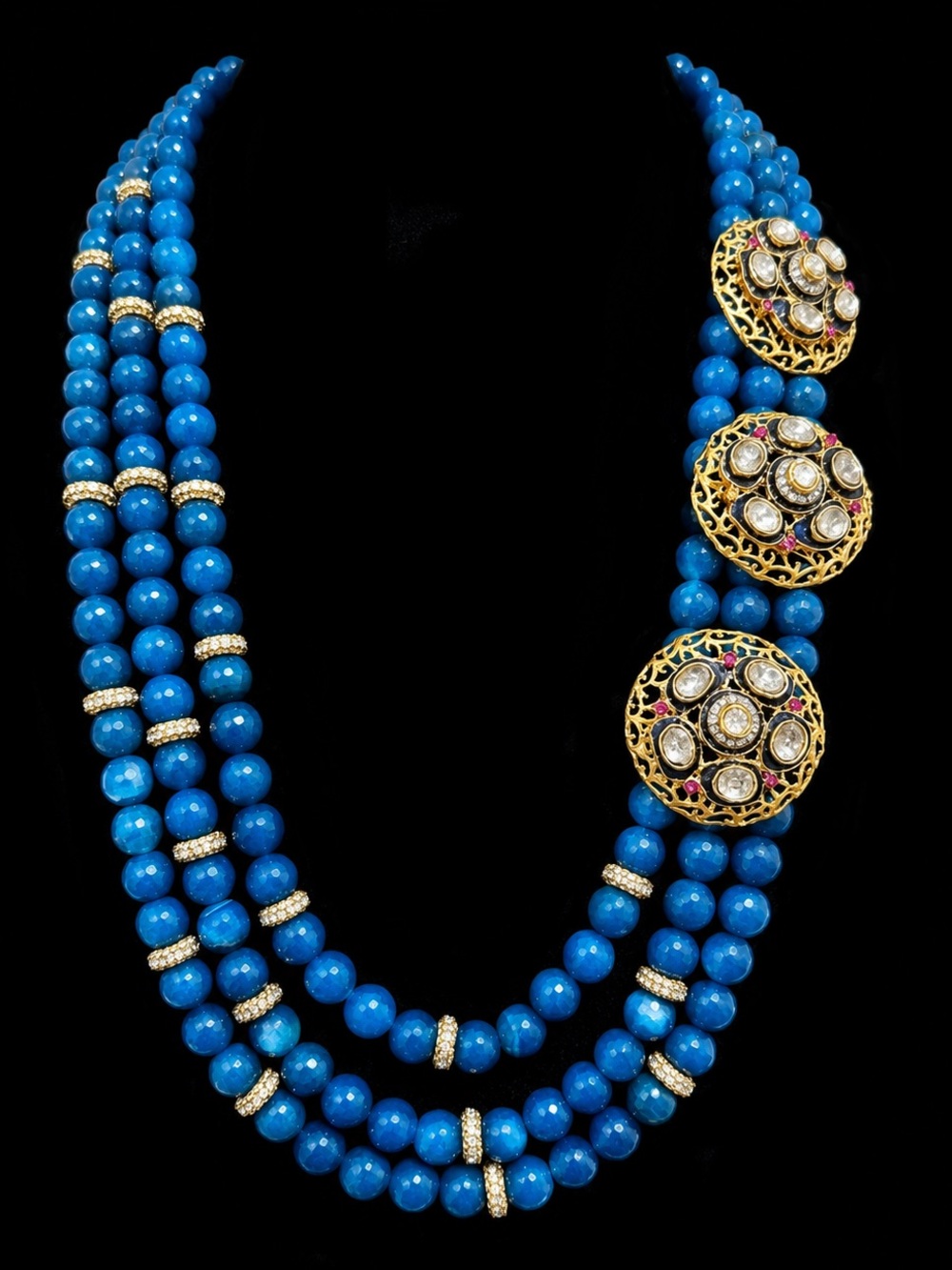 Blue Beaded Multi-Strand Necklace with Gold Kundan Accents